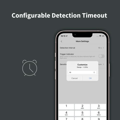 Smartphone displaying configurable detection timeout settings with a clock icon.