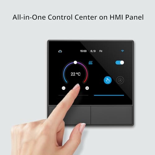 Hand interacting with all-in-one control center on HMI panel.