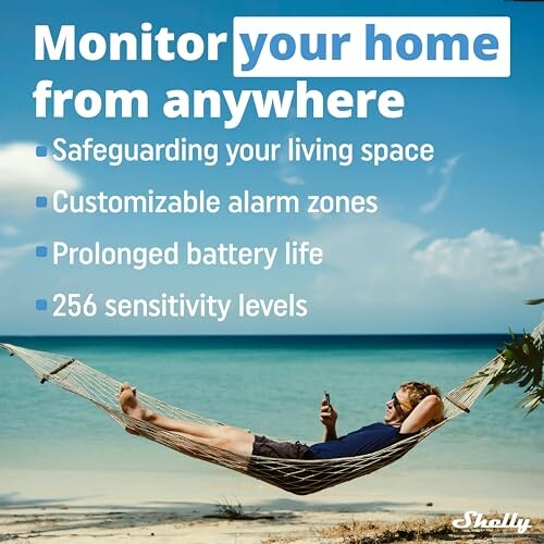 Person relaxing in a hammock with text about home monitoring features.