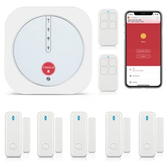 Home security alarm system with control panel, remote controls, sensors, and smartphone app.