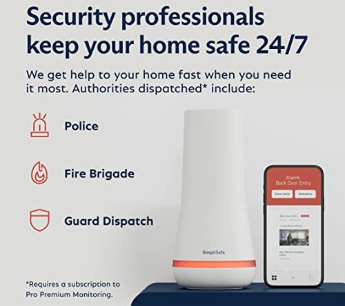 Home security system advertisement with emergency services icons.