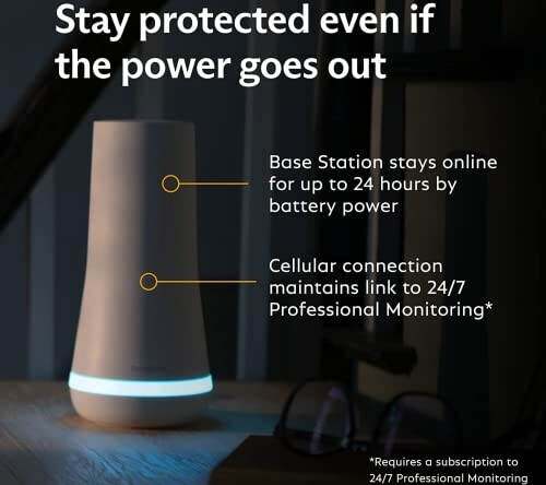 Home security base station with battery backup and cellular connection.