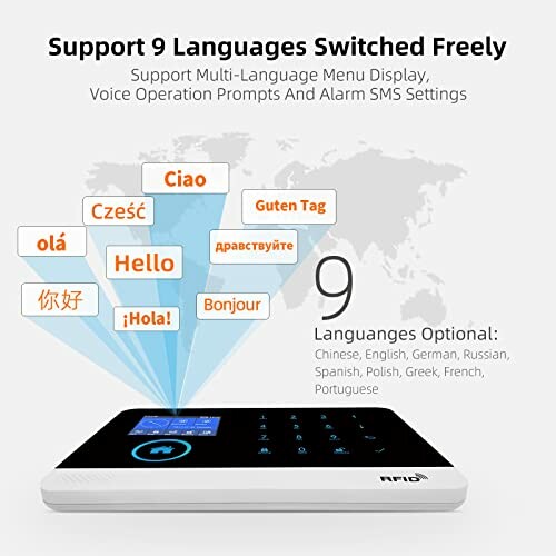 Device supporting 9 languages with touch interface and greeting words in different languages.