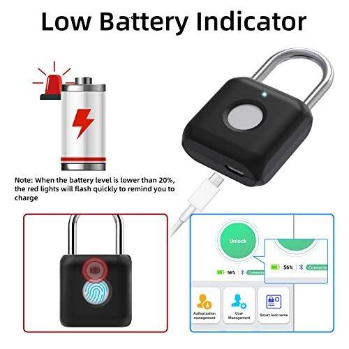 Smart padlock with low battery indicator and charging cable.