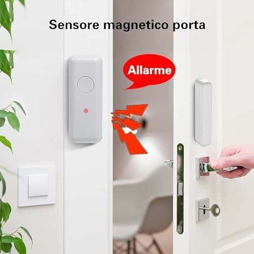 Magnetic door sensor with alarm feature.