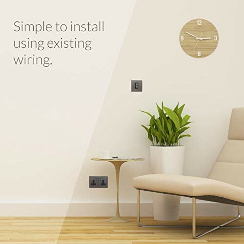 Minimalist living room with chair, plant, clock, and wall outlet, perfect for showcasing the Lightwave LP21422 Starter Kit's capabilities