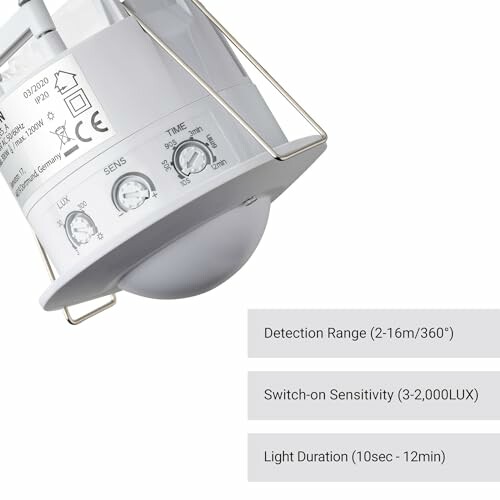 Close-up of motion sensor light with settings for detection range, sensitivity, and duration.