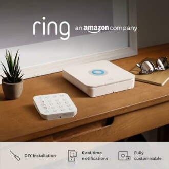 Ring security system on desk with installation and notification features.