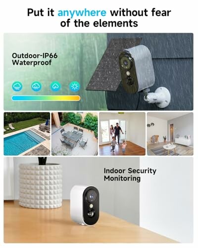 Security camera for outdoor and indoor use, waterproof with IP66 rating.