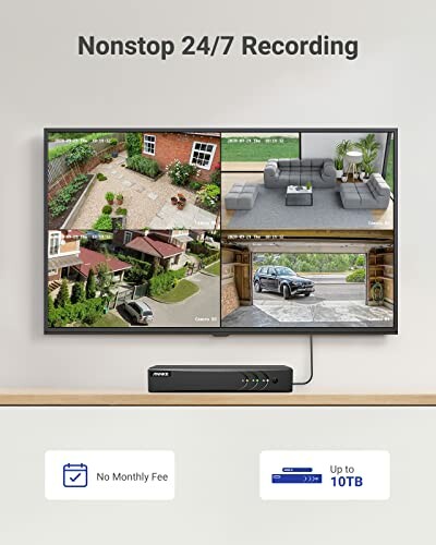 TV screen showing multiple security camera feeds with nonstop 24/7 recording, no monthly fee, up to 10TB storage.