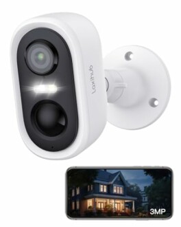 Outdoor security camera with smartphone displaying house footage.