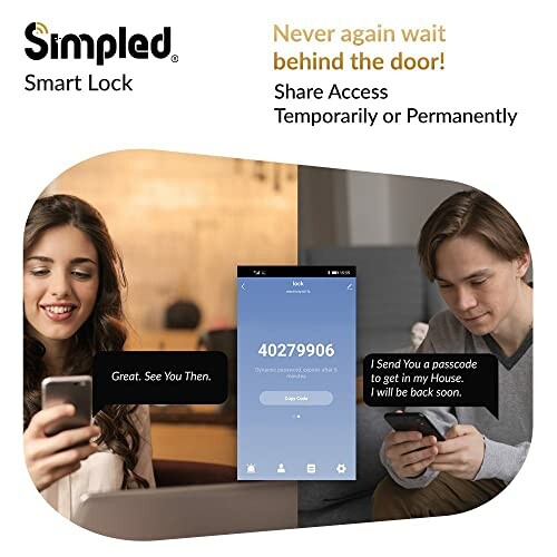 Simpled smart lock advertisement showing a man and woman with a passcode on a smartphone screen.