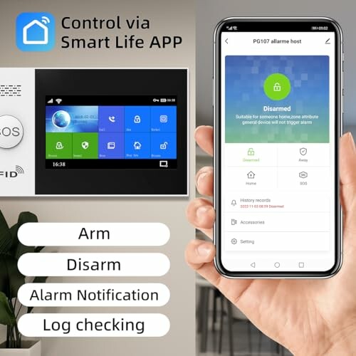 Smart alarm system controlled via app on smartphone and wall panel.