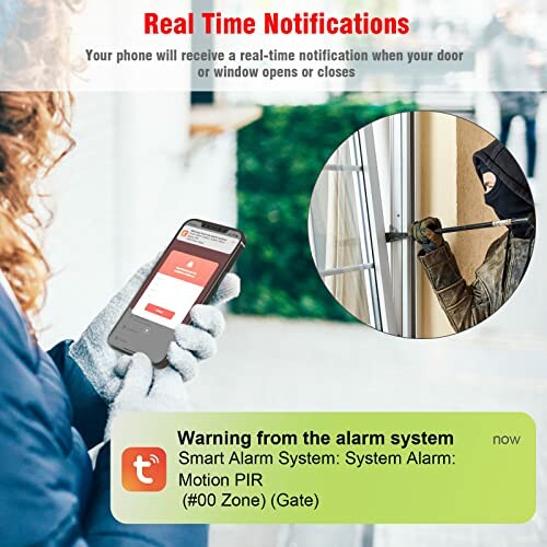 Person receiving real-time notification on phone for smart alarm system detecting window intrusion.