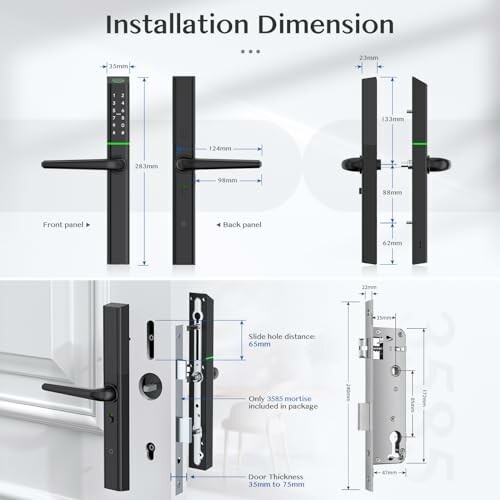 Smart door lock installation dimensions with front and back panel views.