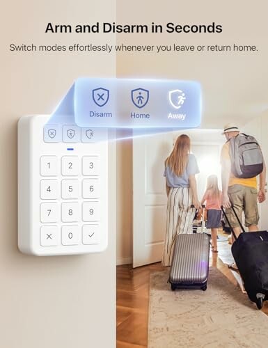 Family entering home with smart security keypad on wall.