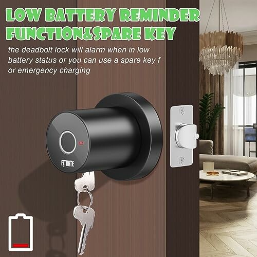 Smart lock with low battery reminder and spare key feature.