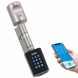 Smart lock with keypad and smartphone app control.