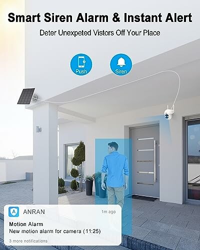 Smart siren alarm system with motion detection near house entrance.