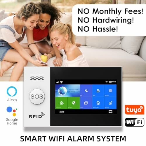 Smart WiFi alarm system with screen, SOS button, and compatibility logos.