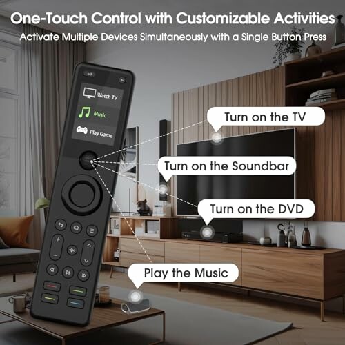 Universal remote control with customizable activities for TV, soundbar, DVD, and music.