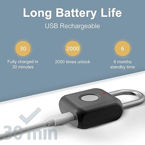 USB rechargeable lock with long battery life details.