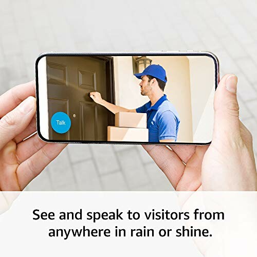 Person viewing video doorbell app showing delivery person.