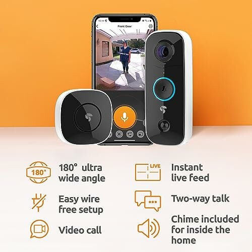 Video doorbell system with smartphone app, 180-degree wide angle, two-way talk, and chime.