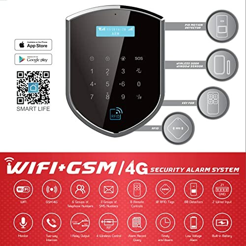 WiFi GSM 4G security alarm system with keypad and app integration.