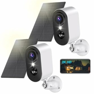 Wireless security cameras with solar panels and 2K HD display.