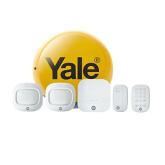 Yale home security system components including sensors, control panel, and keypad.